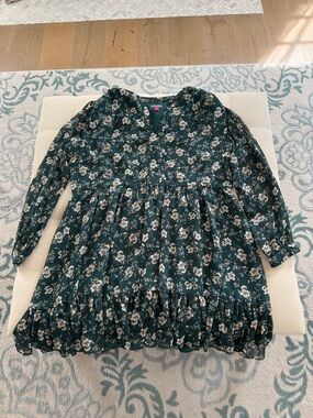 Dark Green Floral Ruffle Hem Long Sleeve Dress